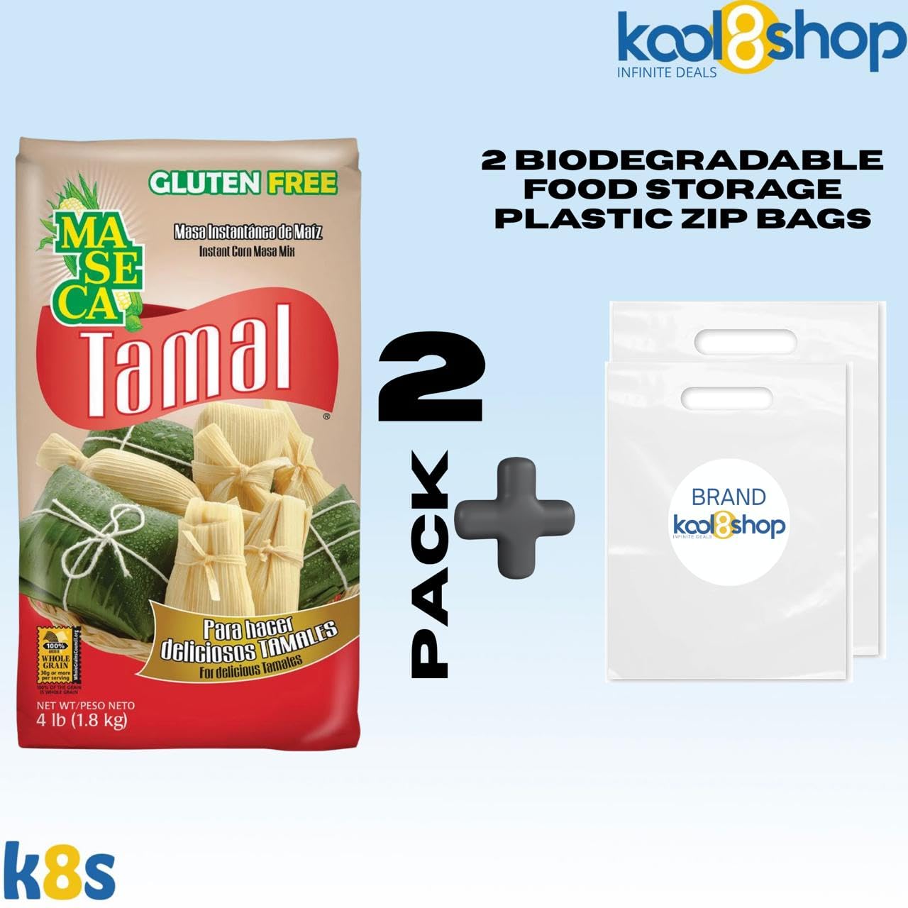 Maseca Tamal Instant Corn Masa Flour Gluten Free Kosher 4 lbs Bag 2 Pack + 2 Storage Reusable Bags by KOOL8SHOP Infinite Deals