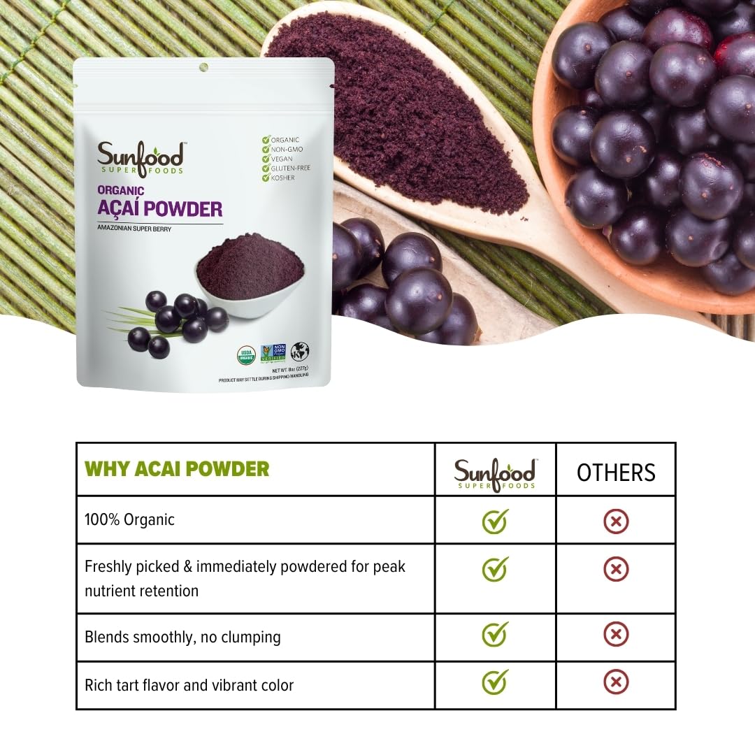 Sunfood Superfoods Organic Acai Powder - Dried Acai Berry Powder Mix for Smoothie Bowls & Drinks, Fruit Source of Antioxidants, Gluten Free, USDA