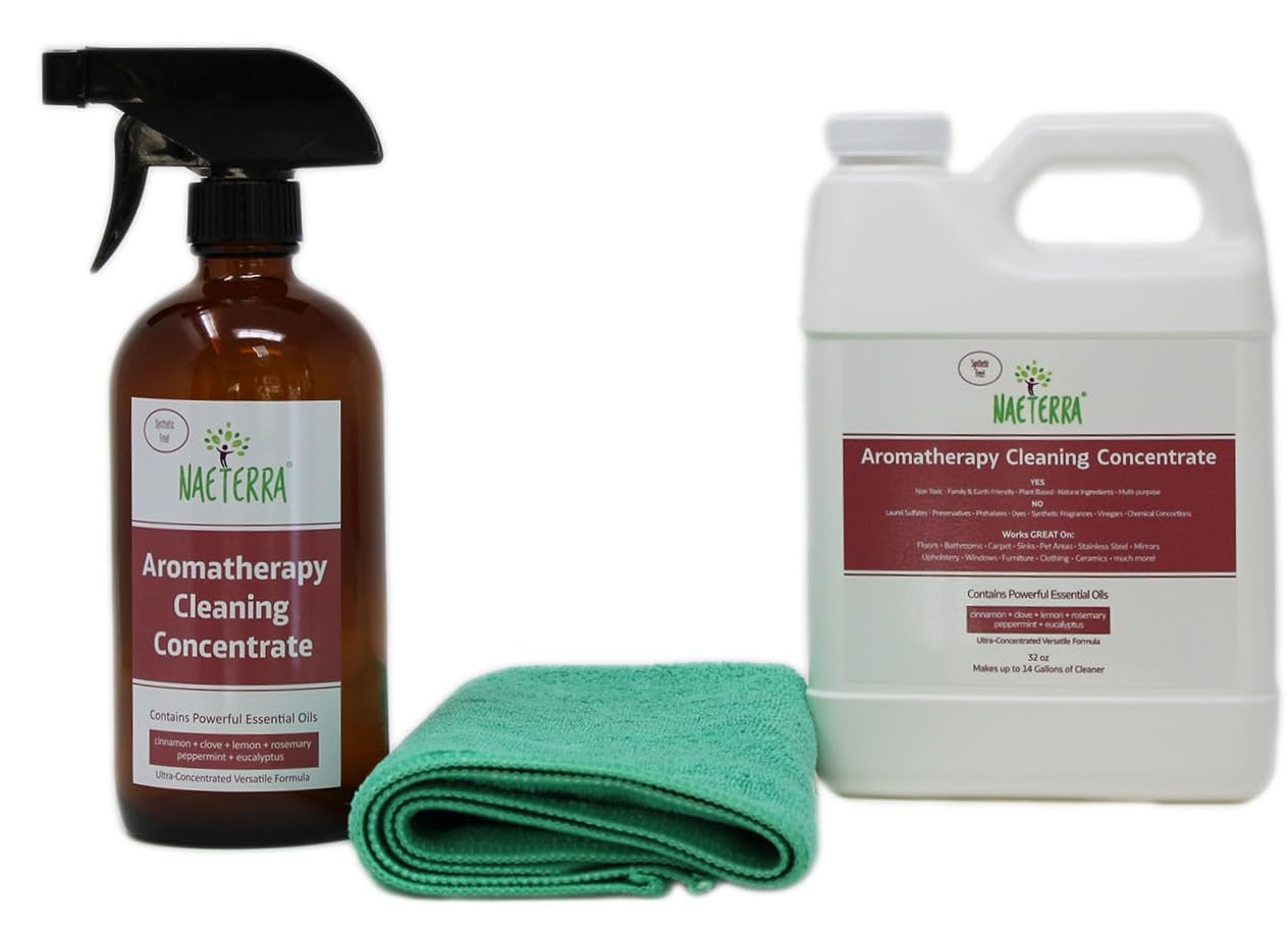 Naeterra Aromatherapy Cleaning Starter Kit - 32oz Plant-Based Concentrate, 16oz Amber Bottle, Funnel & Cloth - Legendary Apothecary Botanical Blend