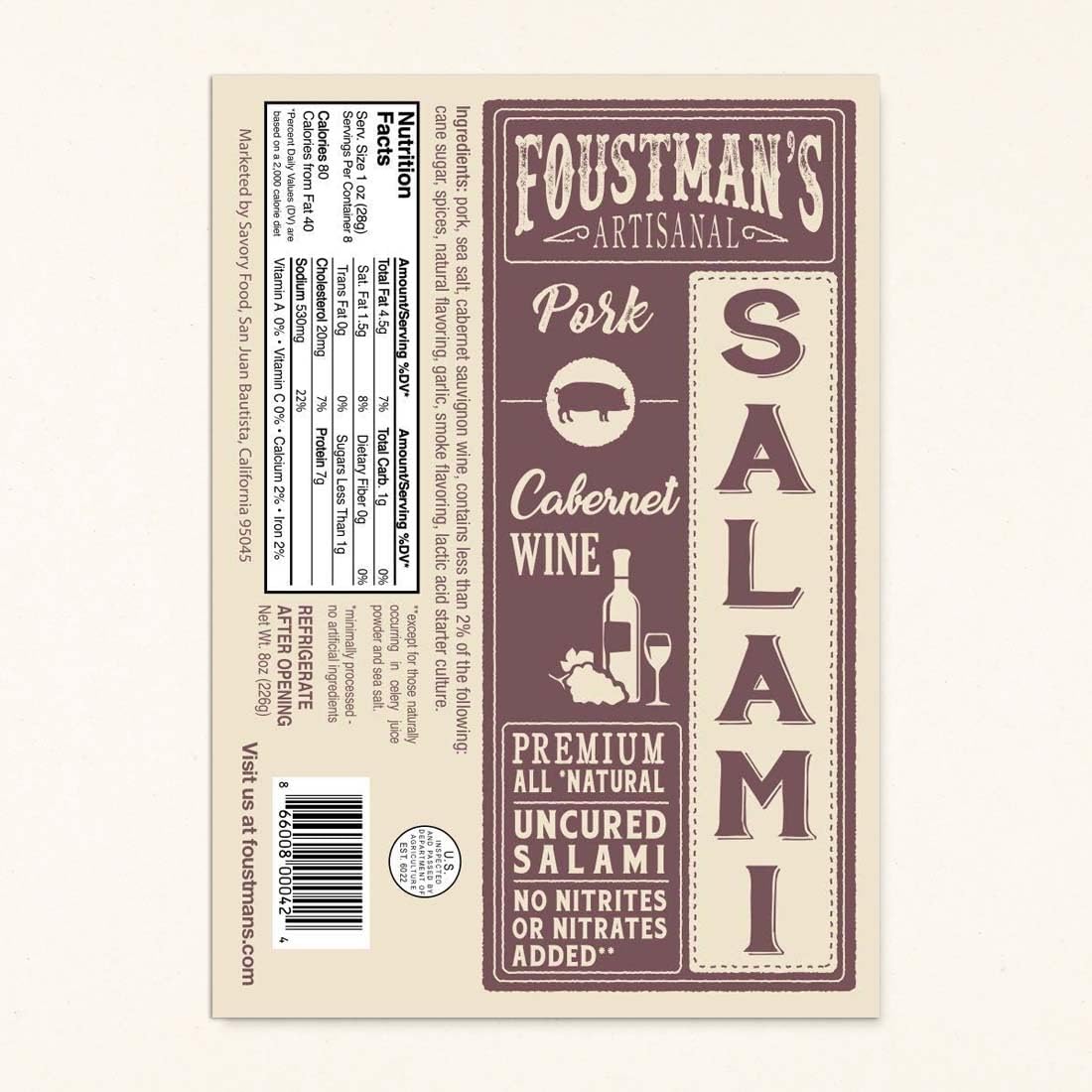 Foustman's Salami (Cabernet Wine) Artisanal, Nitrate-Free, Naturally Cured