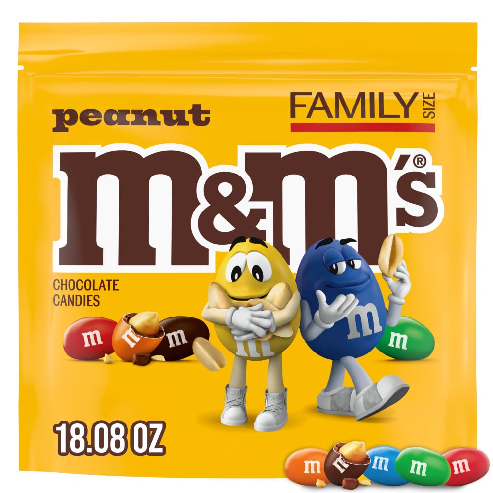 M&M'S Peanut Milk Chocolate Candy, Family Size, 18.08 oz Resealable Bulk Bag for Parties, Baking & Sharing