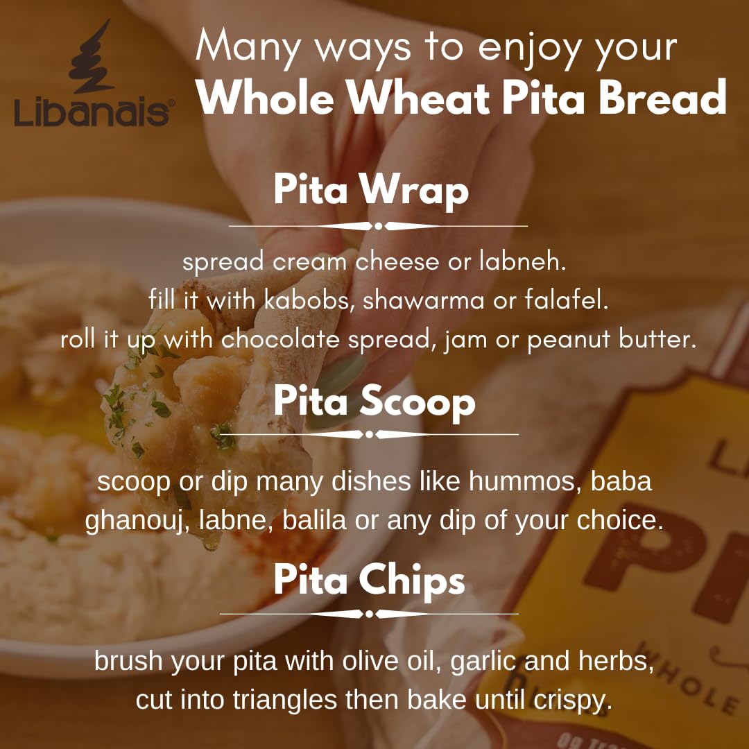 Libanais 10" Whole Wheat Traditional Lebanese Pita Bread, Vegan, Kosher, Halal, 3 Pack, 6 loaves per pack (18 Pitas). Freshly Baked Daily!