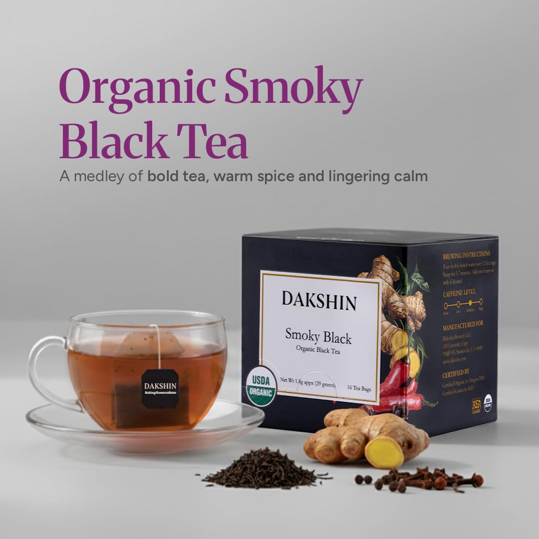 DAKSHIN Organic Smoky Black Tea Bags | Spiced with Ginger, Cloves, Black Pepper & Chilli | Bold Immunity & Energy Tea | USDA Organic | 16 Tea Bags