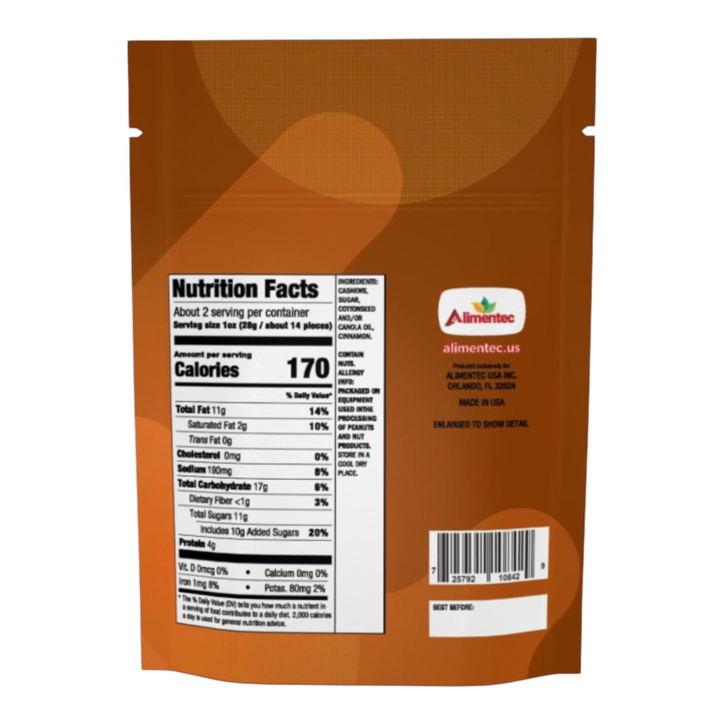 Alimentec Cinnamon Roasted Cashews, 2 oz - Sweet, Gluten-Free, Vegan Nuts, Made in the USA