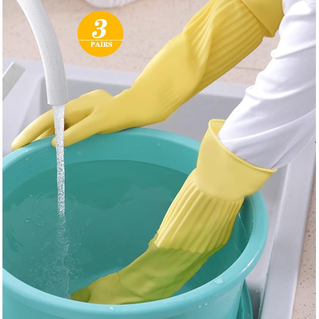 Vsootal 6 - Pair 17.8 - Inch Elbow - Length Reusable Rubber Waterproof Household Cleaning and Kitchen Dishwashing Gloves - Medium Size