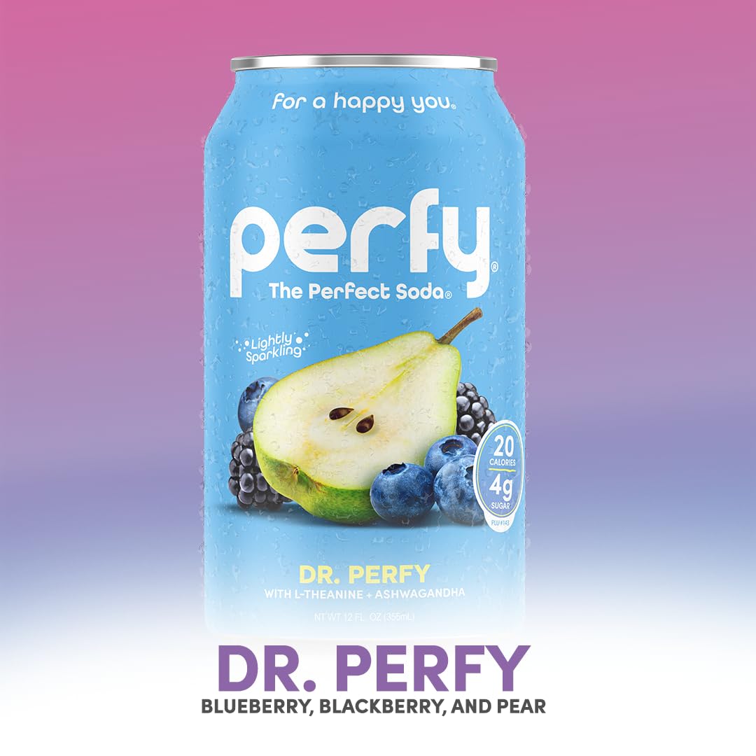 PERFY Caffeine Free Healthy Soda Classics Variety | Real Fruit Juice - Low Sugar Nootropic Drinks with L-Theanine + Turmeric or Ashwagandha | Calming