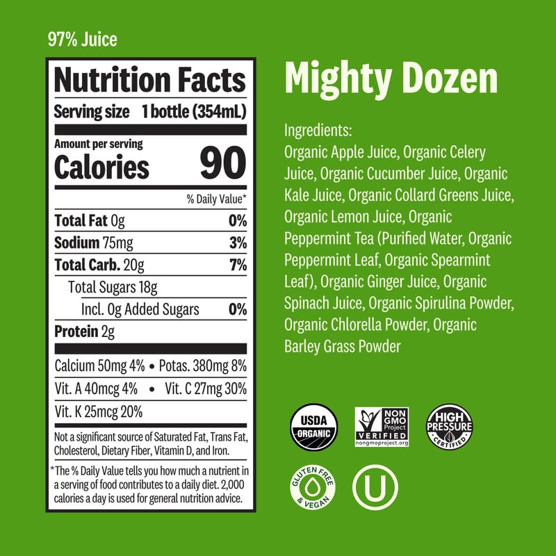 Suja Organic Green Juice Variety Pack | 6 Mighty Dozen and 6 Uber Greens | Plant-Based & Gluten-Free (12 fl oz, Pack of 12 total)