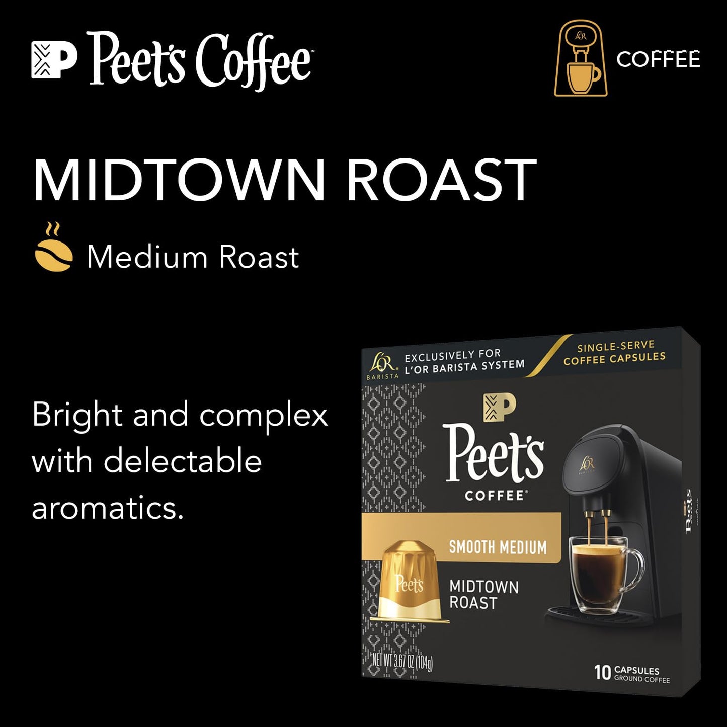 L'OR Barista Coffee Pods, 10 Count Peet's Midtown, Single-Serve Aluminum Capsules Compatible with the L'OR BARISTA System, 10 Count (Pack of 1)