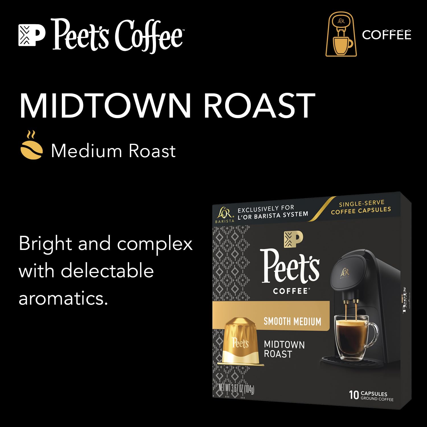L'OR Barista Coffee Pods, 10 Count Peet's Midtown, Single-Serve Aluminum Capsules Compatible with the L'OR BARISTA System, 10 Count (Pack of 1)
