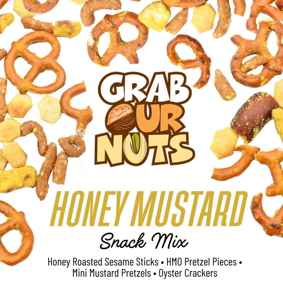 Grab Our Nuts Honey Mustard Snack Mix 28 Ounce Jar: Honey Roasted Sesame Sticks, HMO Pretzel Pieces, Mini Mustard Pretzels, Oyster Crackers