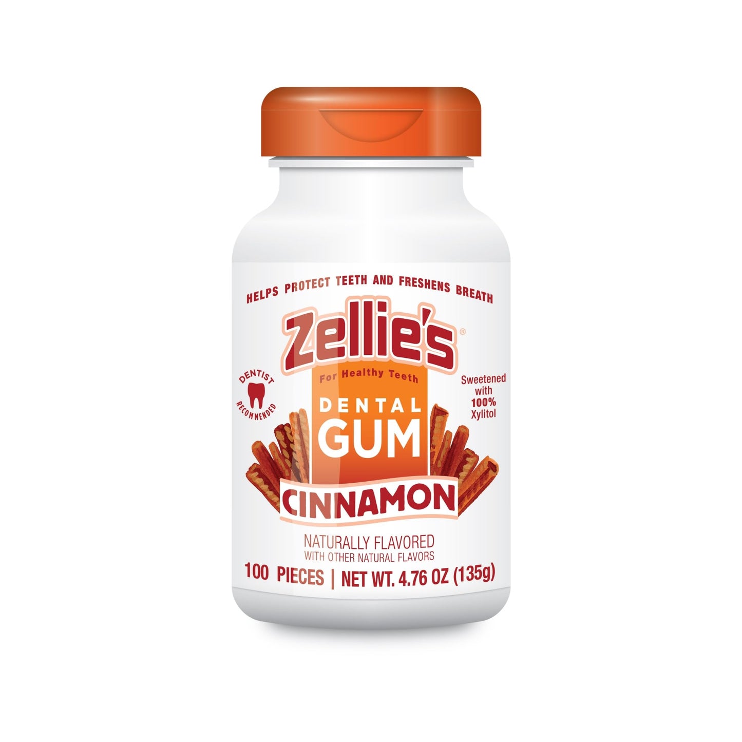 Zellie's | 100% Xylitol Cinnamon Chewing Gum | No Aspartame, Gluten Free, Vegan & Kosher (100 Count - Pack of 1)