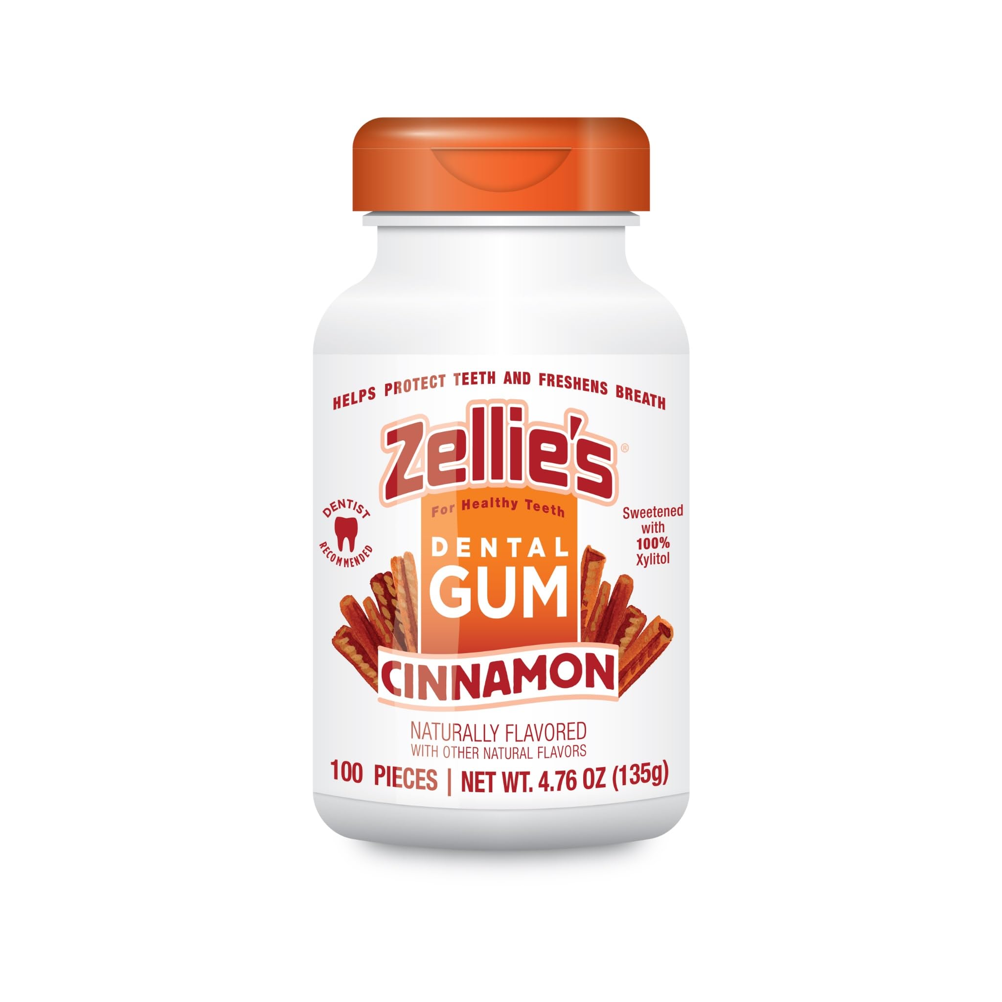 Zellie's | 100% Xylitol Cinnamon Chewing Gum | No Aspartame, Gluten Free, Vegan & Kosher (100 Count - Pack of 1)