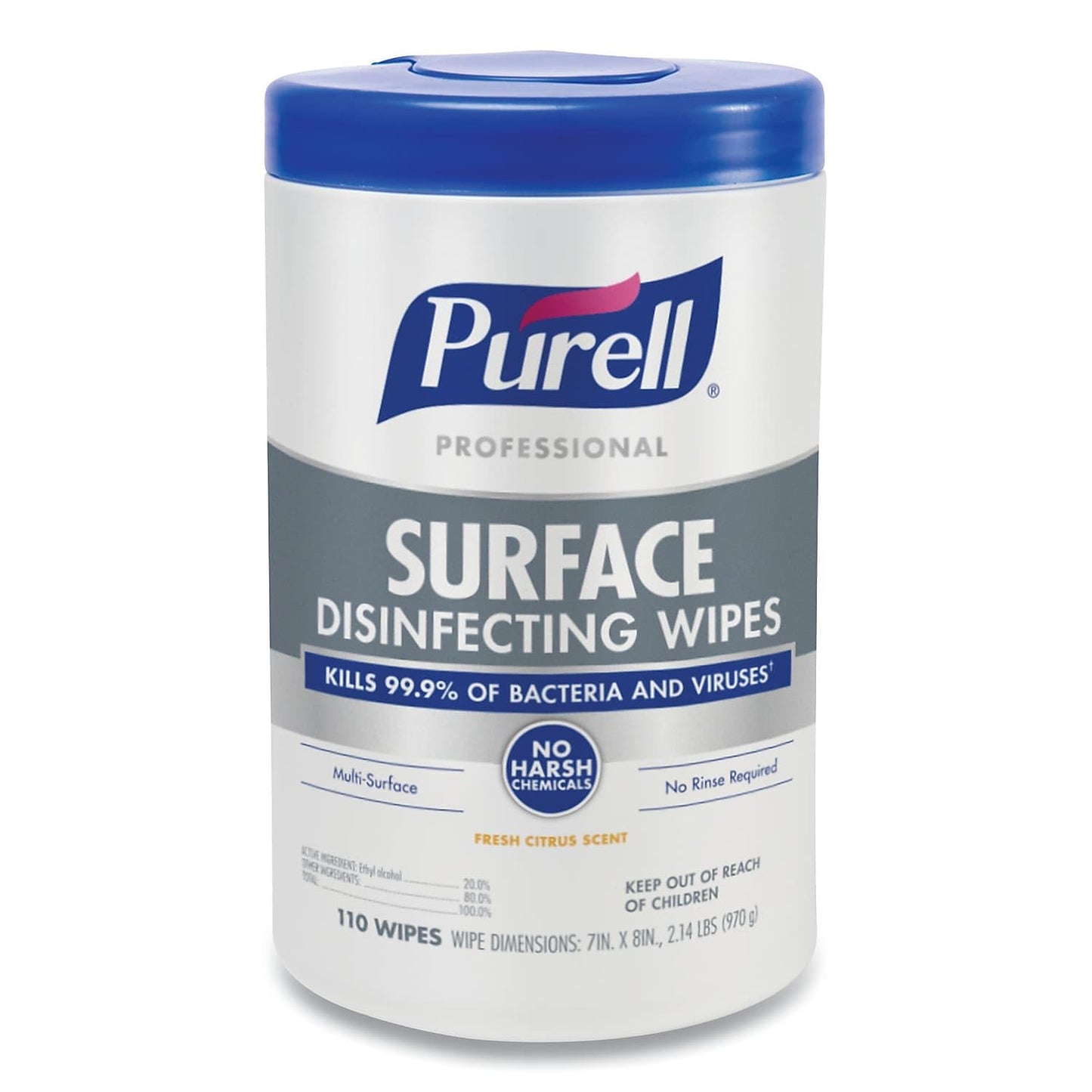 Purell Professional Surface Disinfecting Wipes, 7" x 8", Fresh Citrus, 110 Wipes Per Canister
