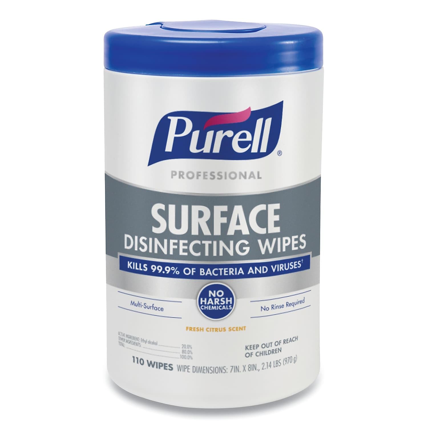 Purell Professional Surface Disinfecting Wipes, 7" x 8", Fresh Citrus, 110 Wipes Per Canister