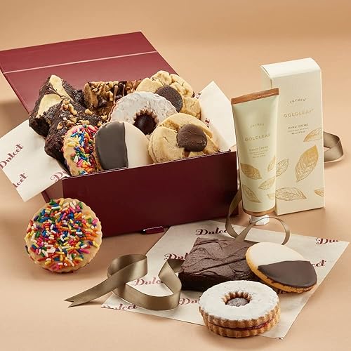 Gourmet Bakery Assortment Gift - Luxury Gold Leaf Hand Cream - Handmade Freshly Baked Treats - Beautiful Maroon Gift Box - Brownies, Cookies