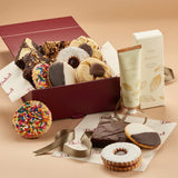 Gourmet Bakery Assortment Gift - Luxury Gold Leaf Hand Cream - Handmade Freshly Baked Treats - Beautiful Maroon Gift Box - Brownies, Cookies