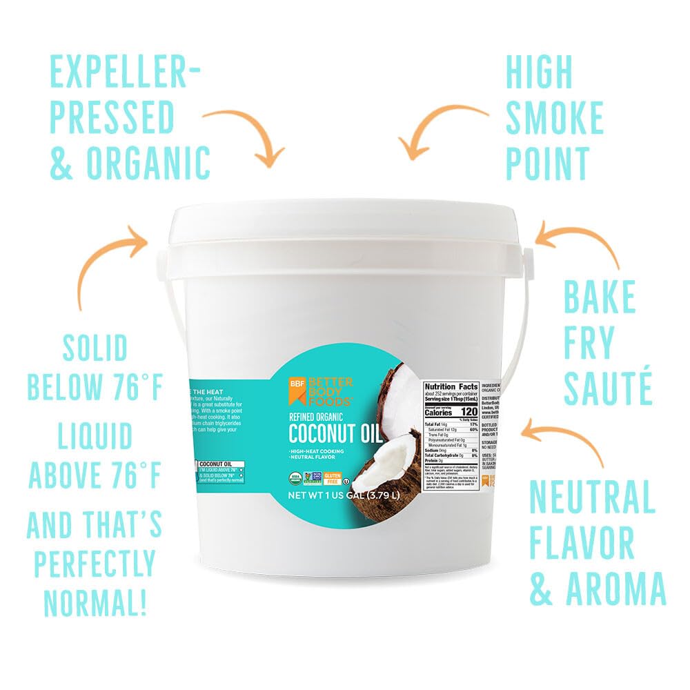 BetterBody Foods Refined Organic Coconut Oil with Neutral Flavor and Aroma, Non-GMO, Cooking Oil, 1 Gallon