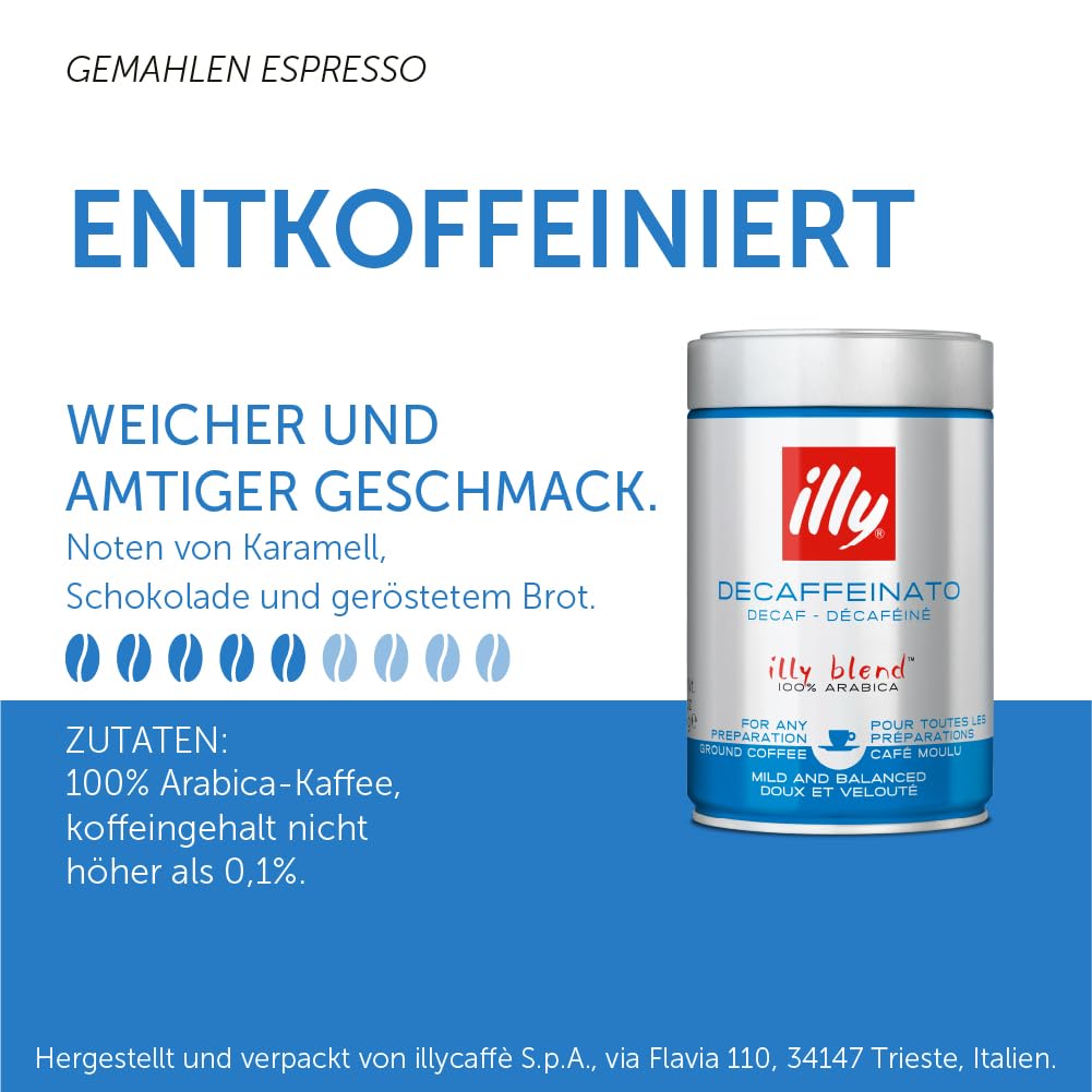 illy Ground Coffee Espresso - 100% Arabica Coffee Ground - Classico Decaf Roast - Notes of Caramel, Toasted Bread & Chocolate - Rich Aromatic Profile