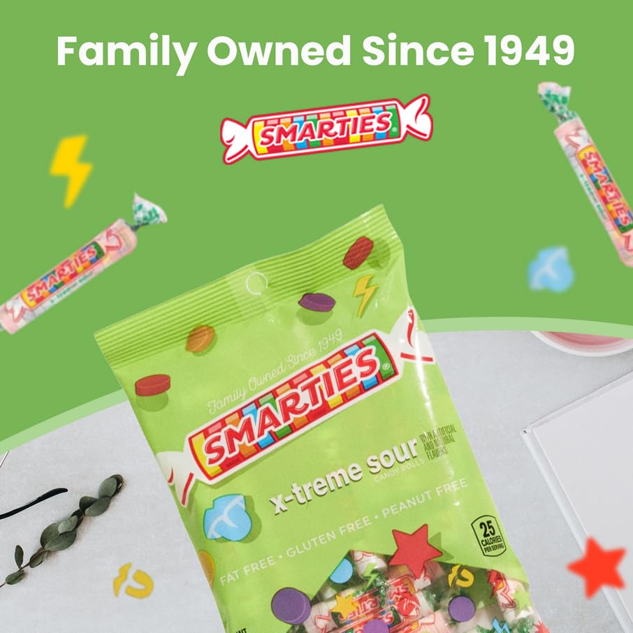 Smarties X-treme Sour Candies - Gluten Free, Peanut Free, Dairy Free Extra Sour Candy - Perfect for Parties, Candy Mixes, & Halloween - Made by US