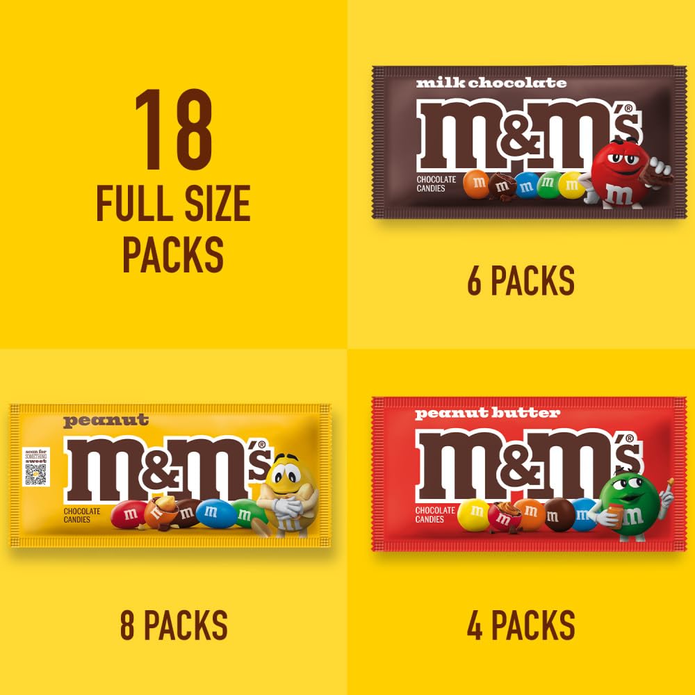 M&M'S Milk Chocolate, Peanut, and Peanut Butter Candy Variety Pack, Individually Wrapped Full Size Pack of 18 Bulk Candy Chocolate for Parties, Baking