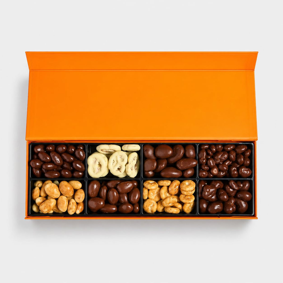 Nuts Factory Luxury Chocolate Covered Nuts & Treats Collection Box, Orange Edition Compact Size, 8 Gourmet Selections, Premium Chocolate Gift