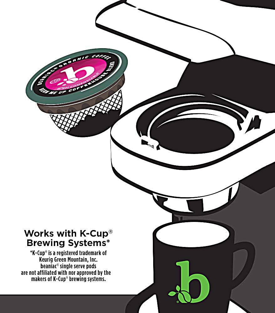 beaniac Organic Bean Me Up Coffeehouse Blend, Medium Roast, Single Serve Compostable K Cup Coffee Pods, Organic Arabica Coffee, Keurig Brewer