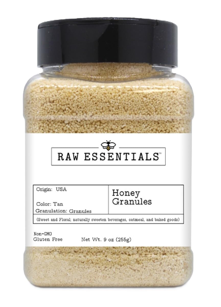 Raw Essentials Honey Granules - Natural Sweetness for Oatmeal, Yogurt, Beverages, and Desserts - Non-GMO and Gluten-Free - 9 Ounce Container