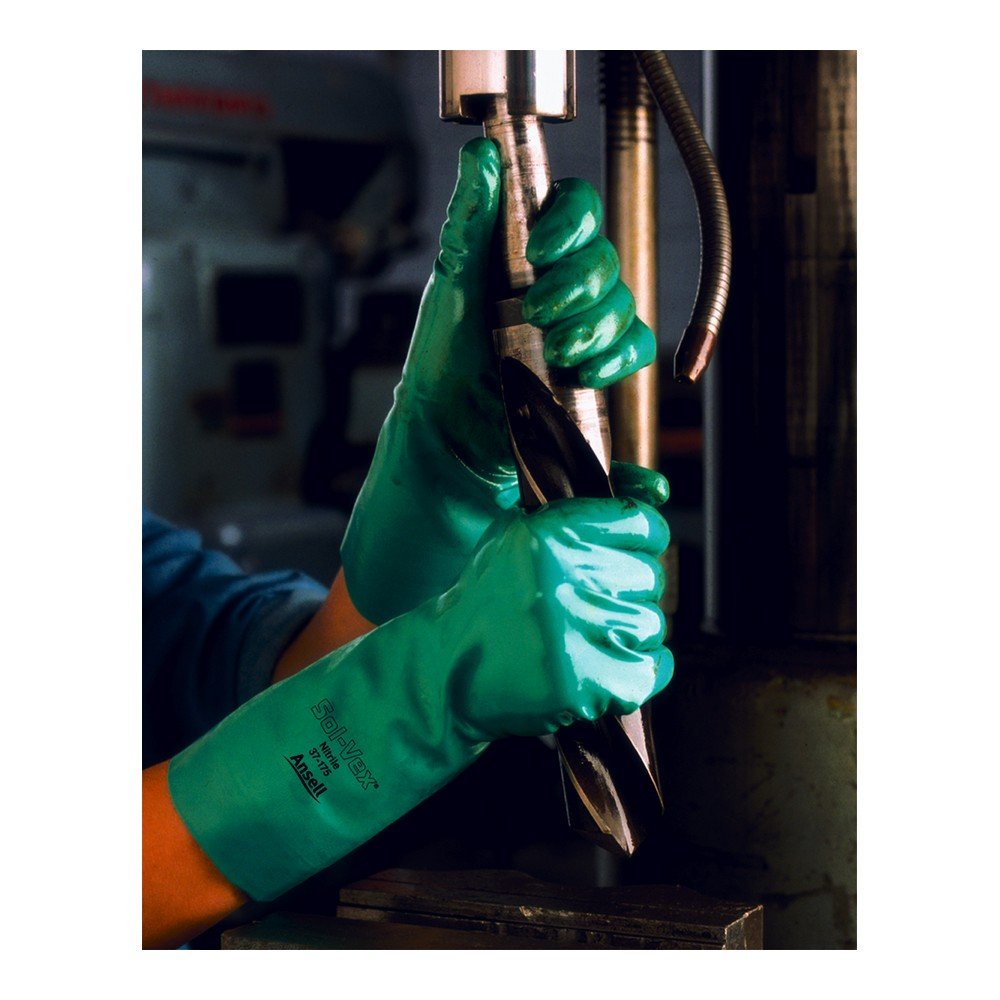 Ansell 100016 Sol-Vex 37-175 Unsupported Nitrile Flock Lined Gloves, 0.17" Height, 14" Length, 7" Wide, Size 10, Green (Pack of 12)