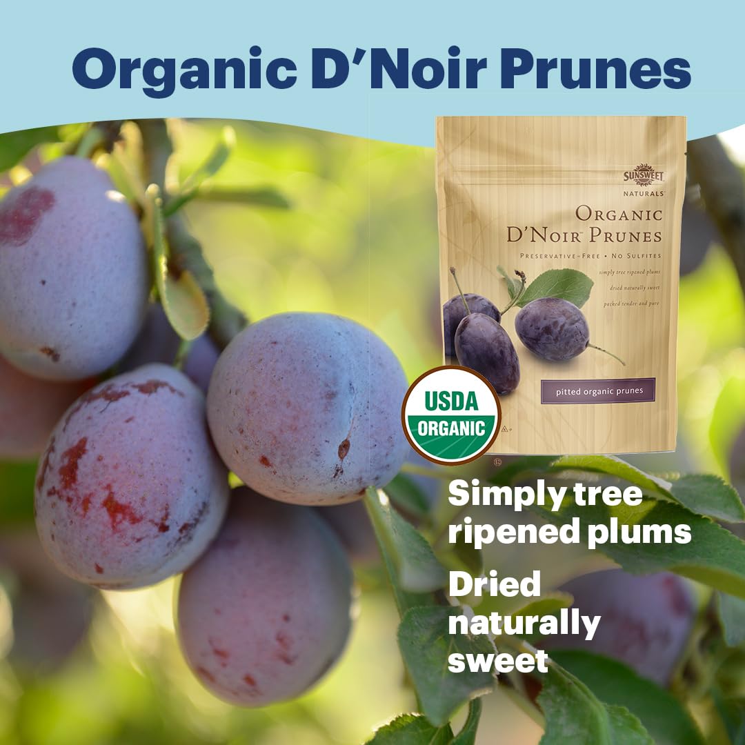 Sunsweet D'Noir Organic Prunes - Prunes Pitted Unsweetened & Dried - Gluten Free, Preservative Free, Vegan - Fiber & Minerals - 7 oz Pouch x 6 Pack