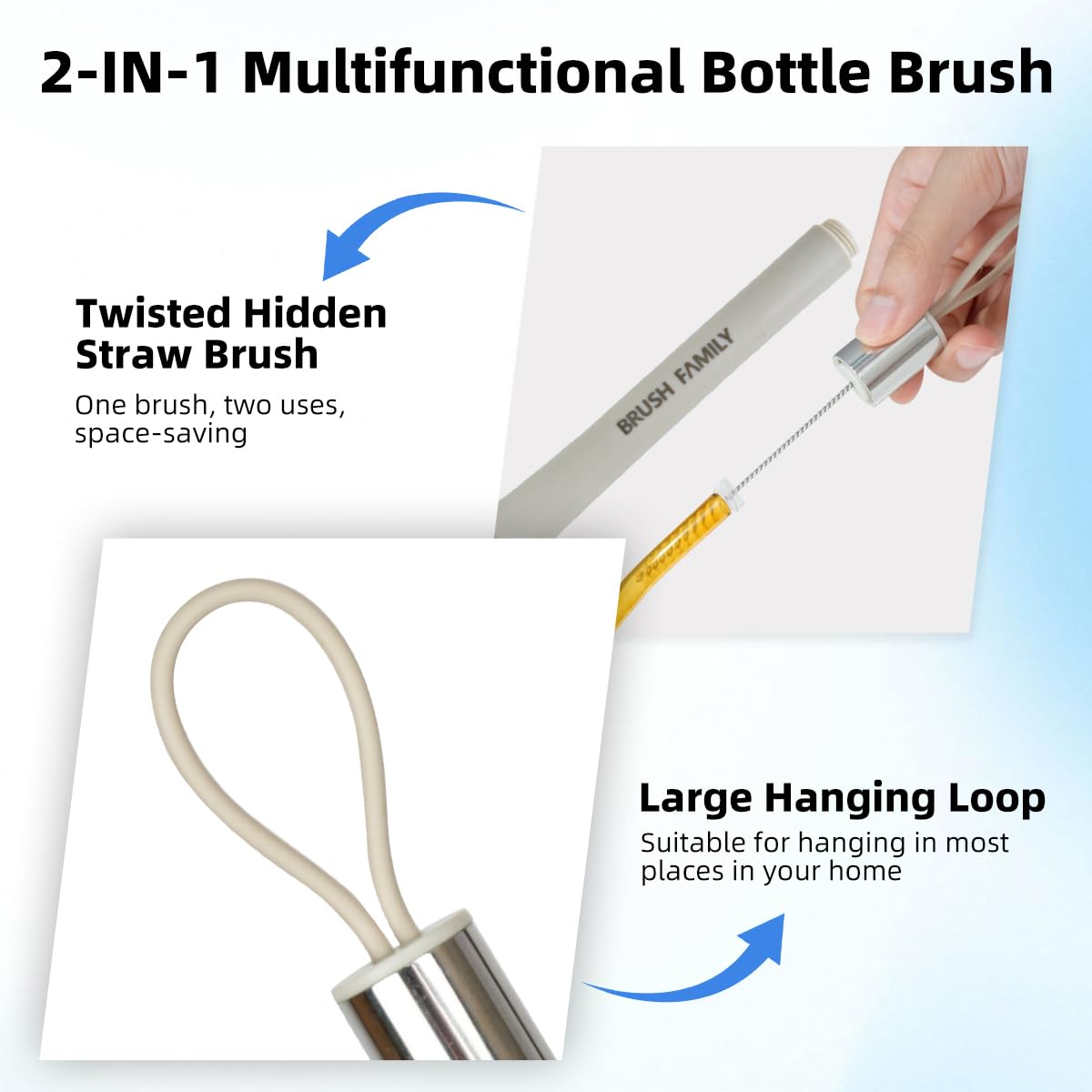 2 Pack Kitchen Scrub Brush, 2 in 1 Water Bottle Brush with Removable Straw Cleaner Dish Scrub Brush with Scraper Tip for Dishes, Pans, Bottle, Cups