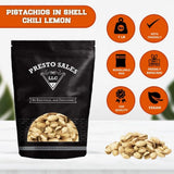 Presto Sales In Shell Pistachios Chili Lemon 16 oz. | Premium Roasted, Flavored Pistachio Nuts | Healthy, Natural, Vegan, Non-GMO | Resealable 1 lb