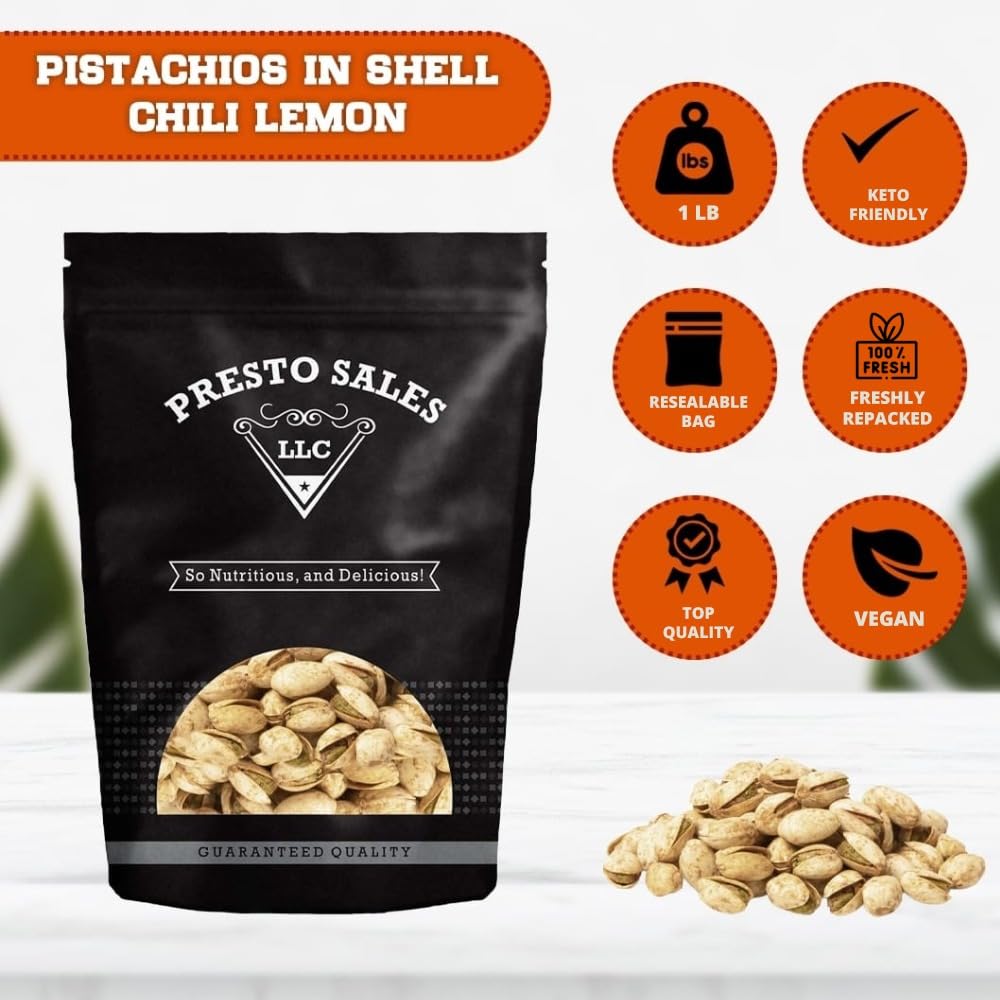 Presto Sales In Shell Pistachios Chili Lemon 16 oz. | Premium Roasted, Flavored Pistachio Nuts | Healthy, Natural, Vegan, Non-GMO | Resealable 1 lb