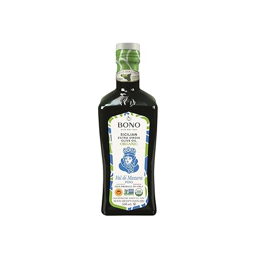 BONO Organic Sicilian Extra Virgin Olive Oil, 16.9 fl oz (500 ml) - Val di Mazara PDO, Cold Extracted, Acidity 0.2-0.4%, USDA Organic, Non-GMO, Clean