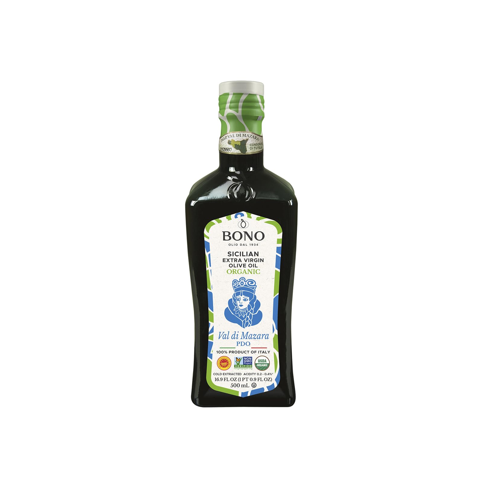 BONO Organic Sicilian Extra Virgin Olive Oil, 16.9 fl oz (500 ml) - Val di Mazara PDO, Cold Extracted, Acidity 0.2-0.4%, USDA Organic, Non-GMO, Clean