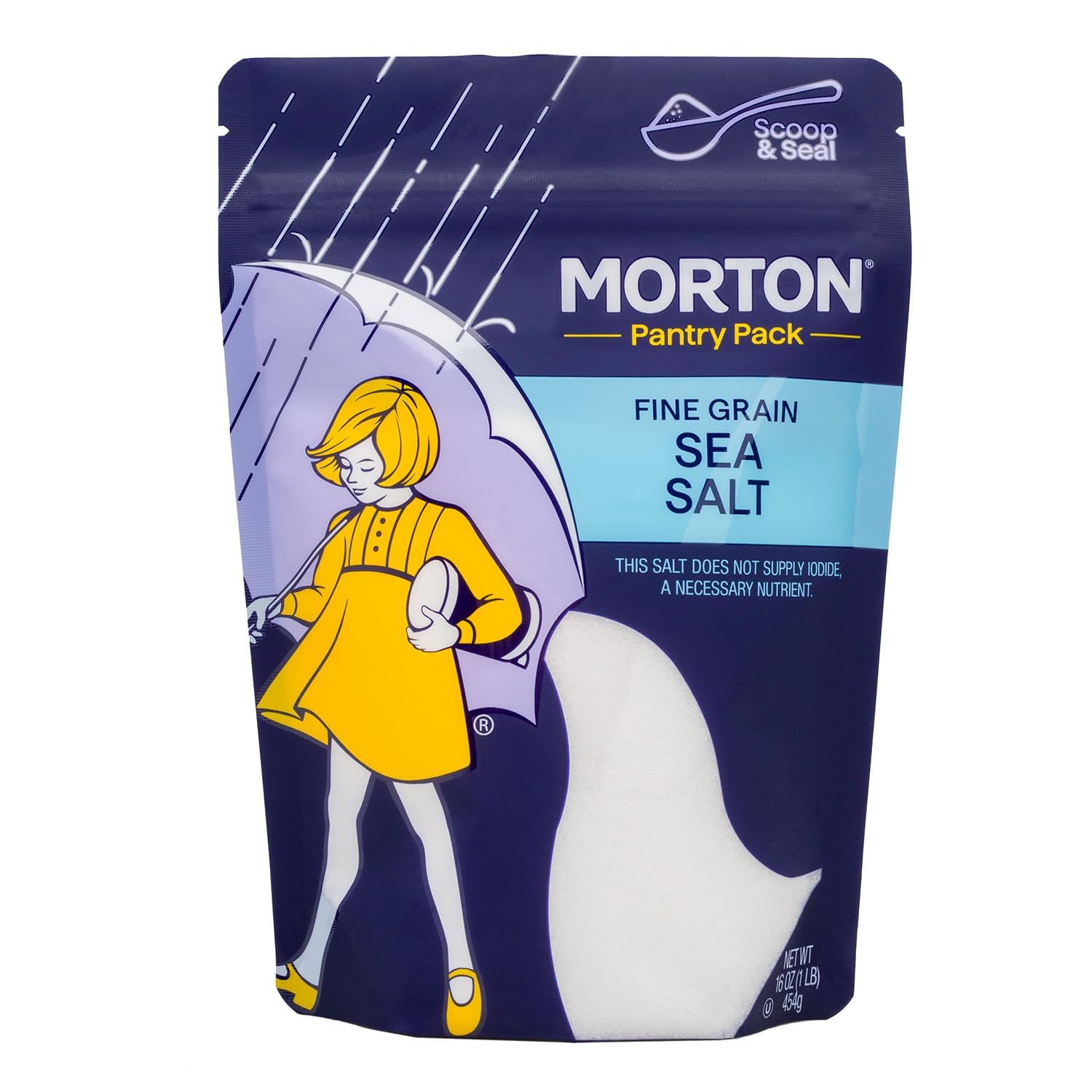 Morton Sea Salt Fine Grain, All-Natural Fine Sea Salt, 1 lb Resealable Pouch, Ideal for Cooking, Baking, Blending & Everyday Seasoning