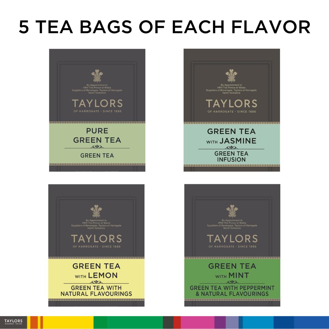 Taylors of Harrogate Assorted Specialty Green Teas Sampler, Variety Gift Box, Individually Wrapped Bags, 20 Count (Pack of 1), Jasmine, Mint, Lemon