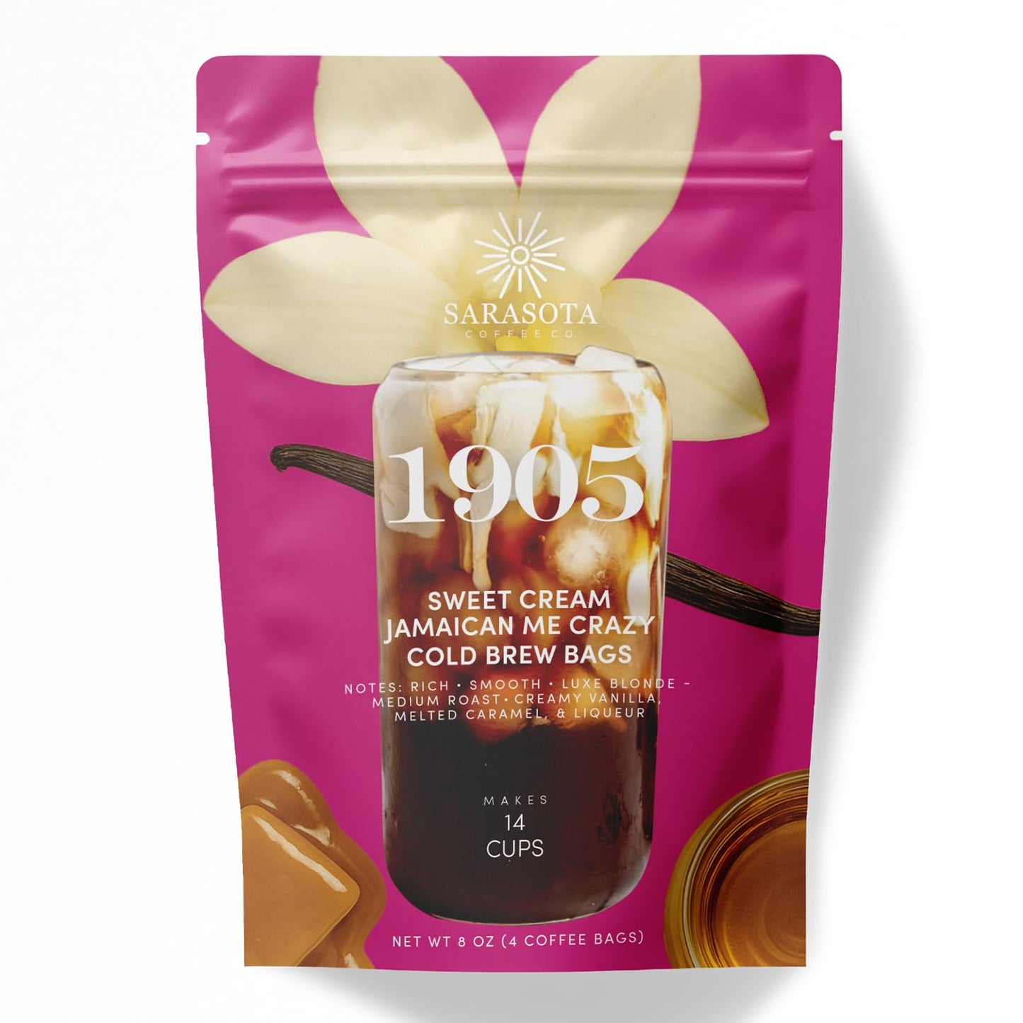 Sarasota Coffee 1905 Cold Brew Coffee Bags | Sweet Cream Jamaican Me Crazy | Blonde-Medium Roast | Smooth & Low Acid | Ground Filter Packs | Cold Brew