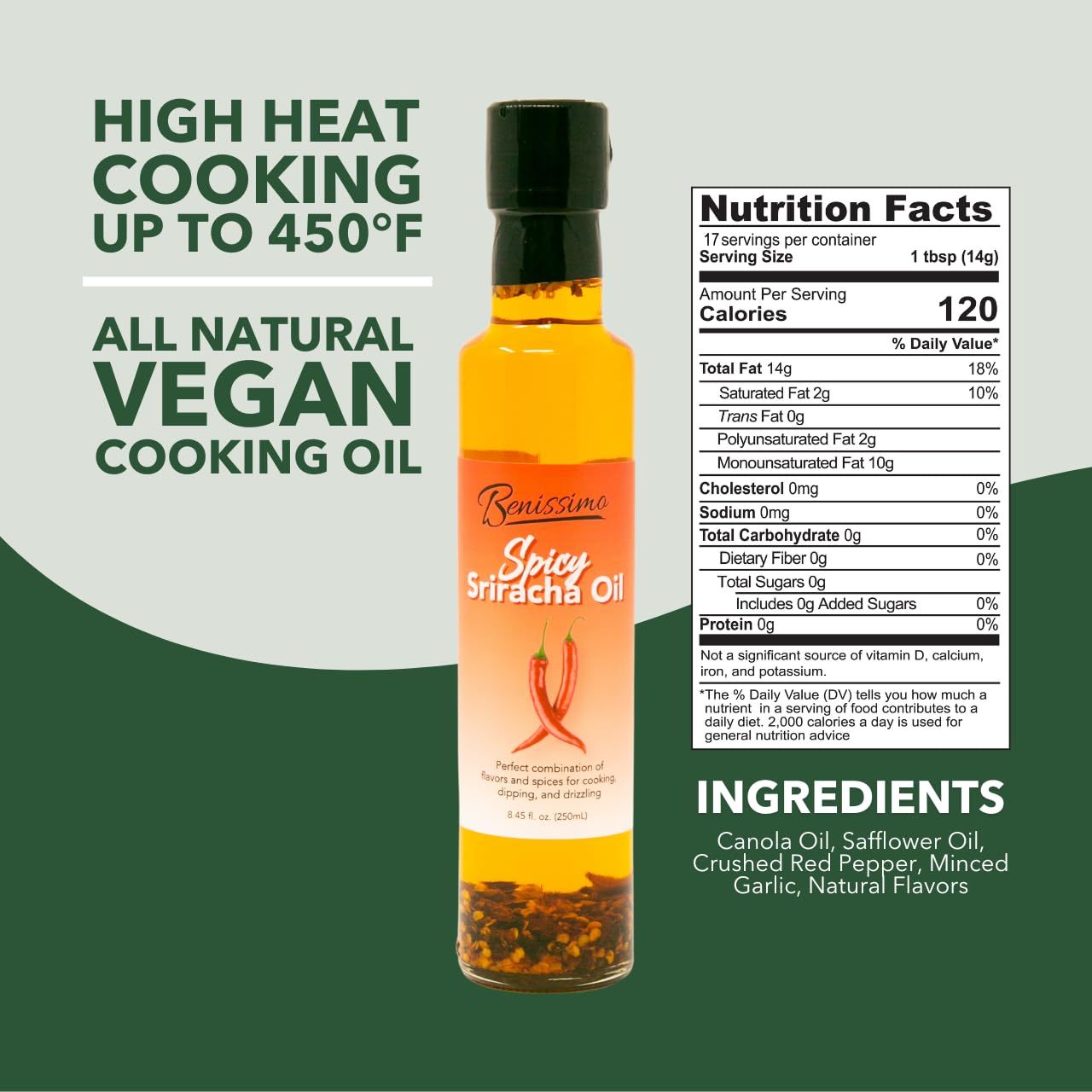 Benissimo Spicy Sriracha Infused Oil - Chili & Garlic Herb Oil, Vegan All Natural Cooking Oil for Stir Fry, Sautéing & Drizzling, Medium Heat, 8.45 fl