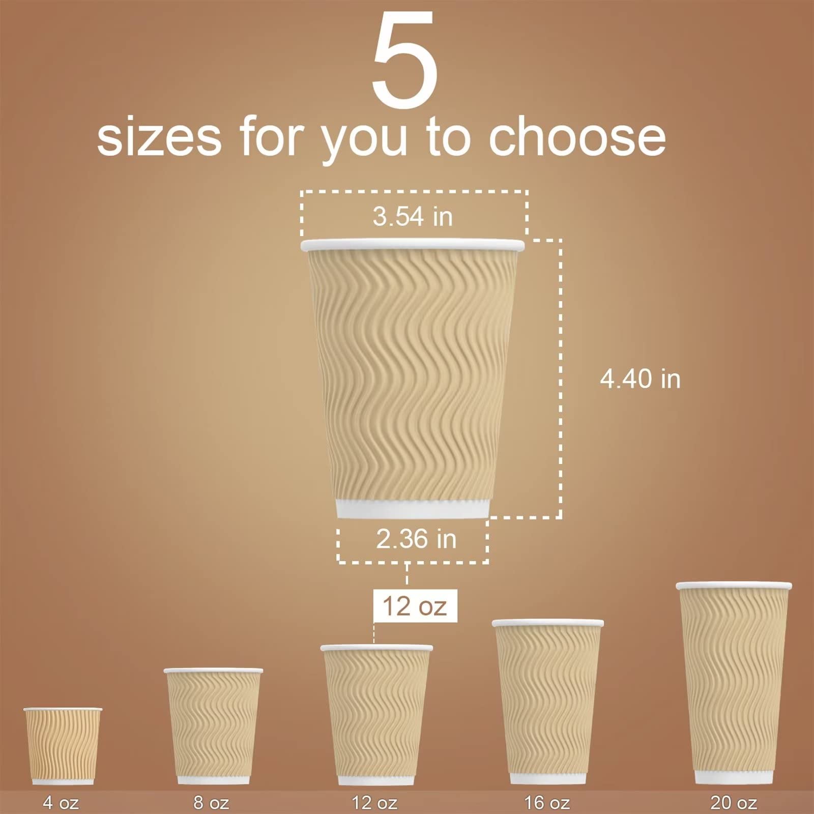 Hot Paper Cups_12 oz Disposable Insulated Corrugated Sleeve Ripple Wall Paper Cup 100 pcs,12oz Cups for Drink?Hot Coffee Cups (Brown)