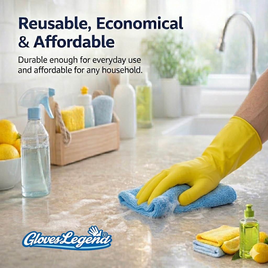 3 Pairs (6 Gloves) - Gloves Legend Size Medium - Latex Yellow Household Kitchen Cleaning Dishwashing Reusable Gloves