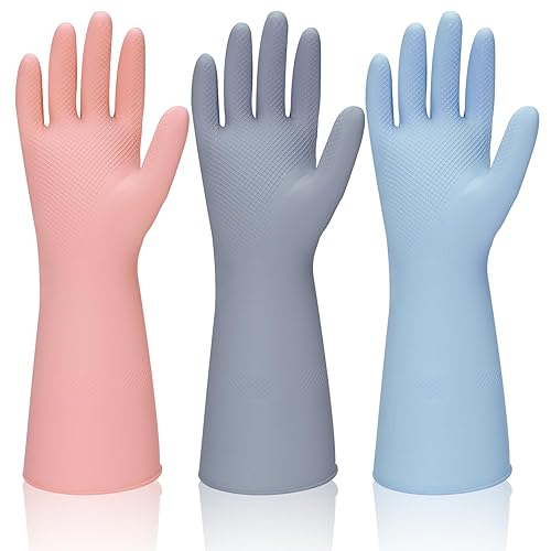 BSRBZJ Rubber Kitchen Dishwashing Gloves - 3 Pairs Reusable Household Cleaning Gloves, Flexible and Durable & Non-slip Cleaning Gloves, Great