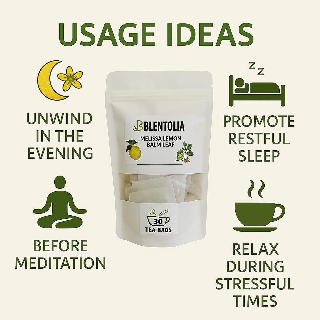 Blentolia Lemon Balm Tea - Melissa Officinalis Herbal Tea Bags - Calming & Soothing - 100% Natural Leaves - 30 Caffeine-Free Tea Bags