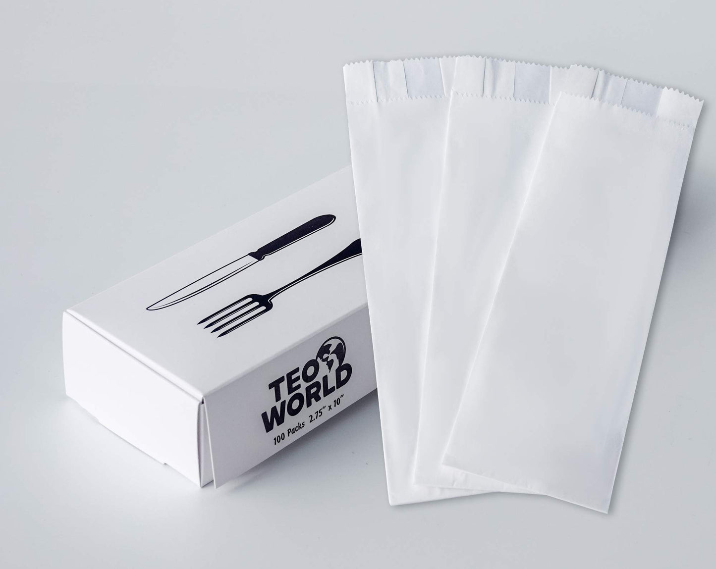 100 Pack 100% White Kraft Paper Bags, 2.75 x 10 inches White Plain Bag Kitchen Cutlery Utensils Holder (Box of 100 pcs)