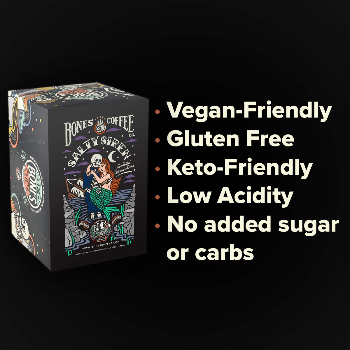 Bones Coffee Company Flavored Coffee Bones Cups Salty Siren Caramel Chocolate | 12ct Single-Serve Coffee Pods Compatible with Keurig 1.0 & 2.0 Keurig
