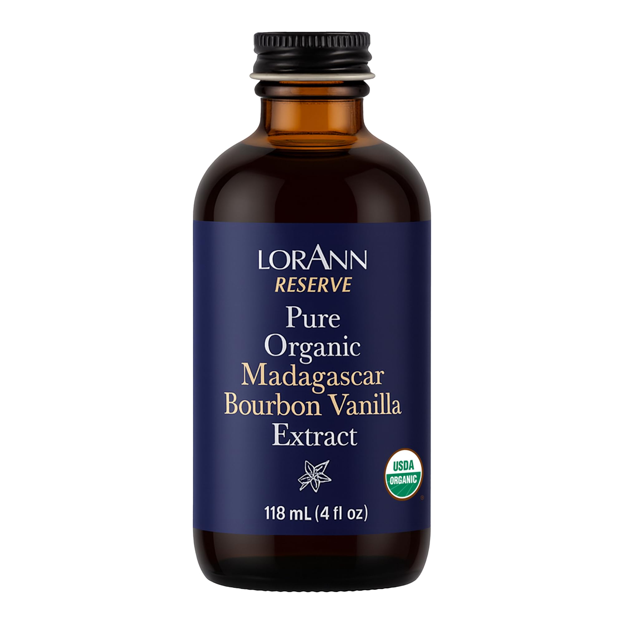 LorAnn Oils Reserve Pure Organic Madagascar Bourbon Vanilla Extract - Real, Organic Vanilla Extract for Baking, Pure Flavor & Bourbon, 4 Ounce