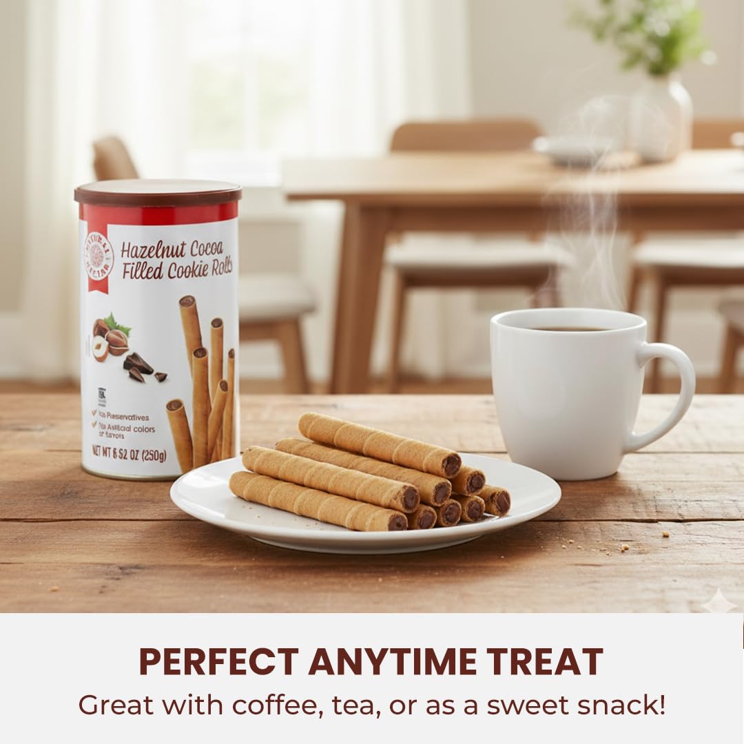 Natural Nectar Chocolate Hazelnut Filled Cookie Rolls 8.82 oz - Delicate Wafer Rolls Filled with Chocolate Hazelnut Crème; Crisp Snack for Parties