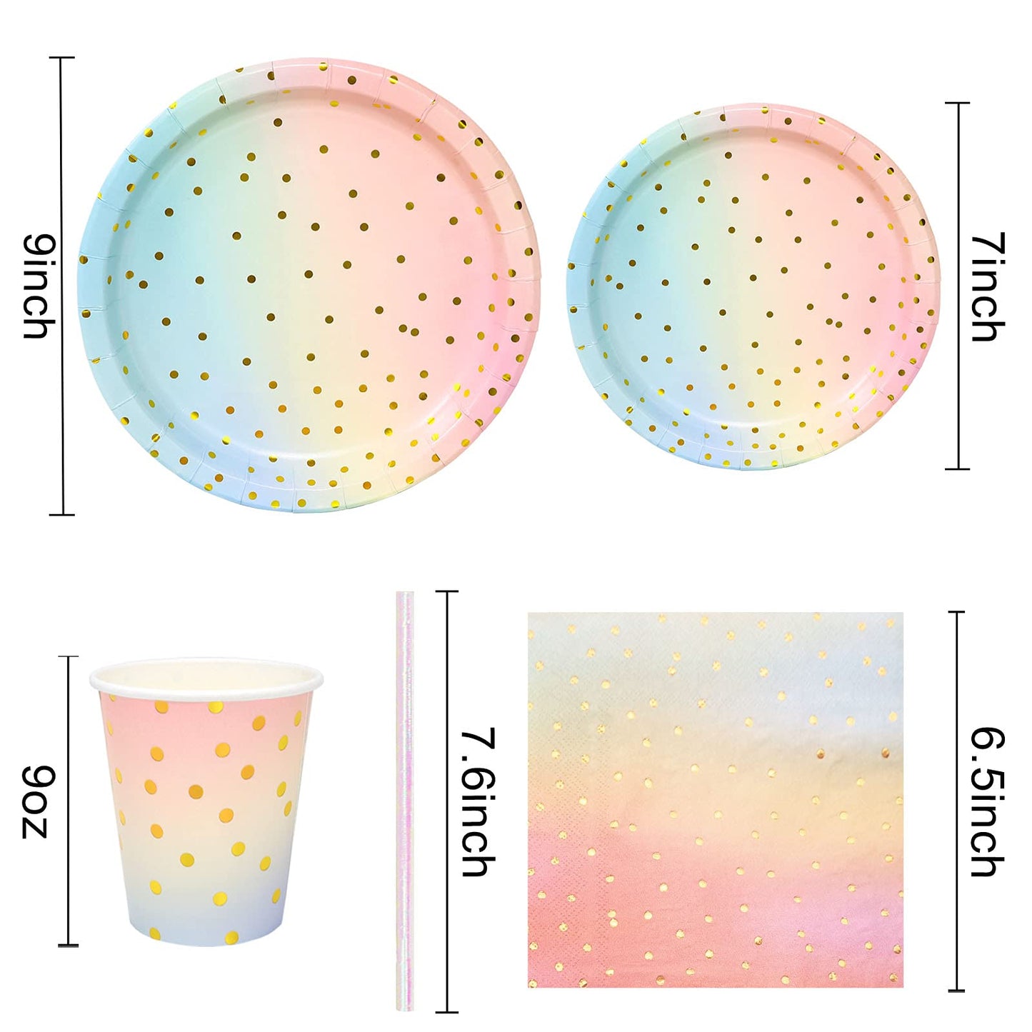 Boocikey 200 Pcs Pastel Party Decorations,Golden Dot Disposable Paper Plates Set,Pastel Plates and Napkins Party Supplies for Birthday Baby Shower