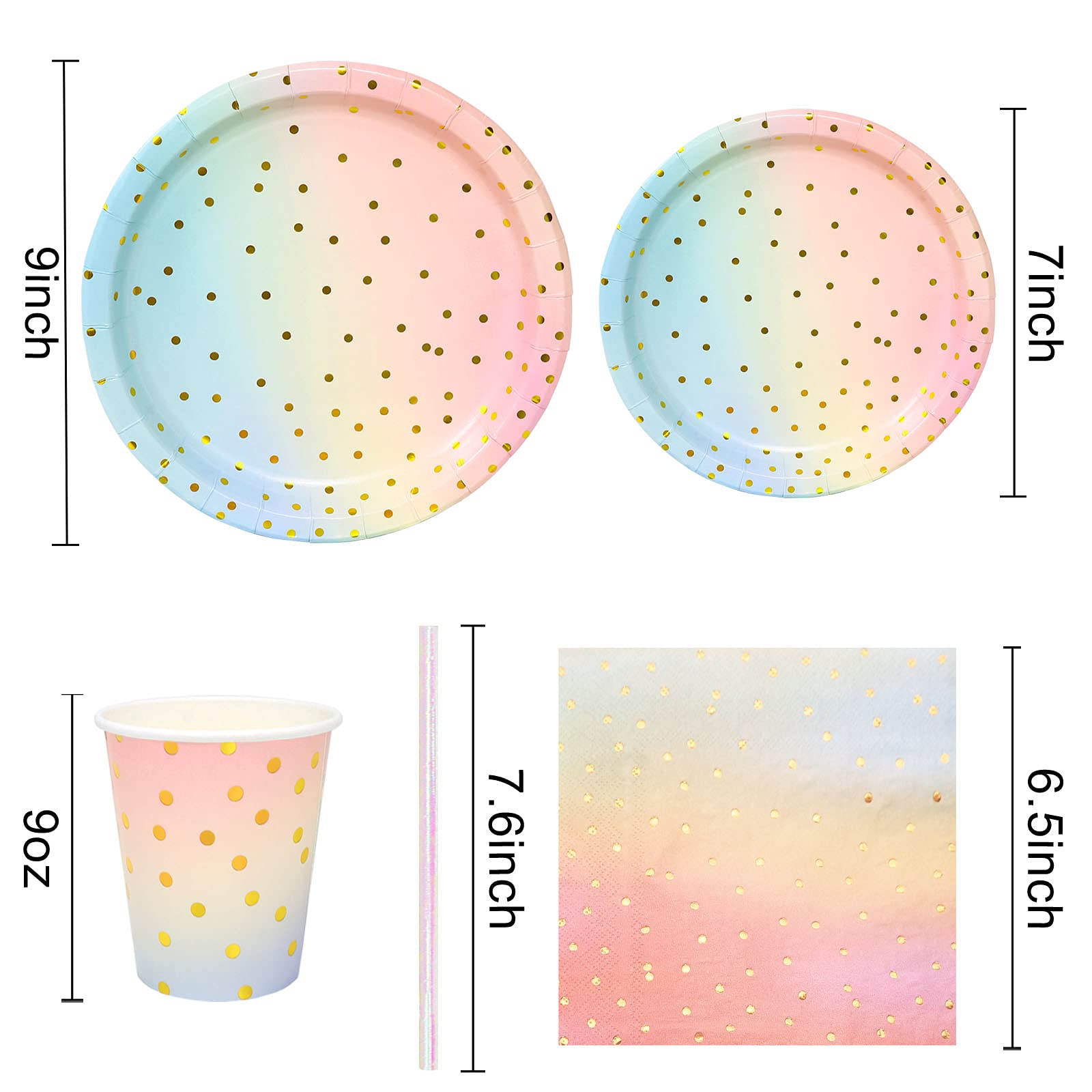 Boocikey 200 Pcs Pastel Party Decorations,Golden Dot Disposable Paper Plates Set,Pastel Plates and Napkins Party Supplies for Birthday Baby Shower