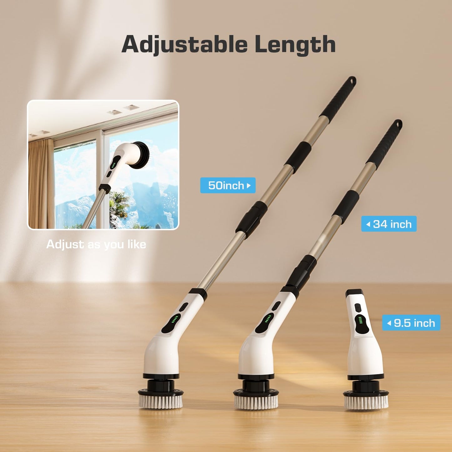 Kingwell Electric Spin Scrubber, Cordless Electric Scrubber for Cleaning with 9 Brush Heads, 2 Speeds,3 Adjustable Handle, 90Mins Work Time, Shower