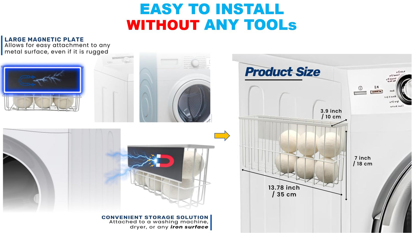 6 XL Wool Dryer Balls & Magnetic Dryer Ball Holder - Natural Fabric Softener, Reusable, Reduces Clothing Wrinkles and Saves Drying Time - Dryer Ball